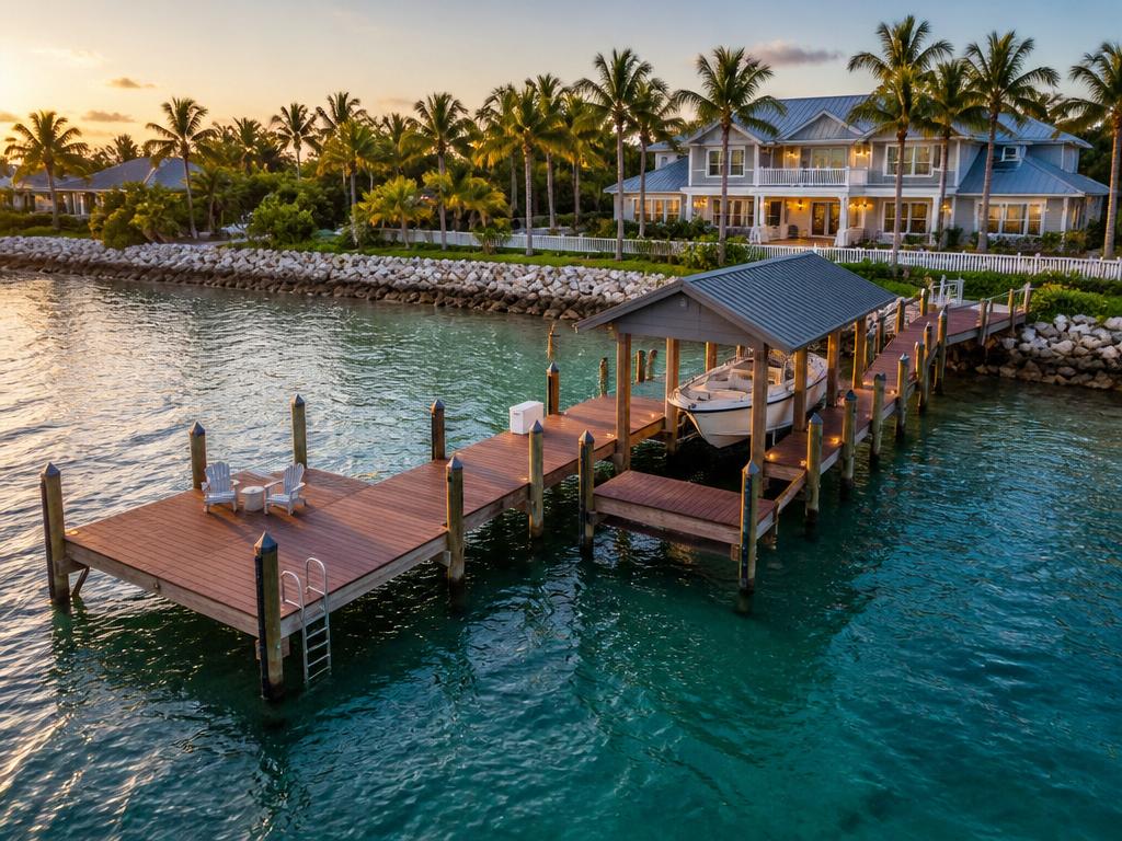 Custom dock with boat slip at sunset